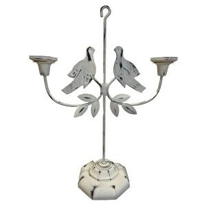 Vtg. Metal Toleware 2 Arm Candle Holder Candelabra Bird White Cottage Shabby